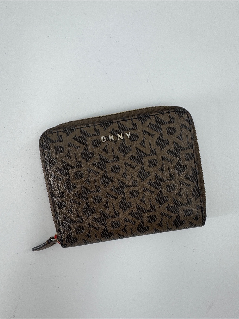 DKNY Brown Small Monogram Zip Wallet with Gold Logo EUC